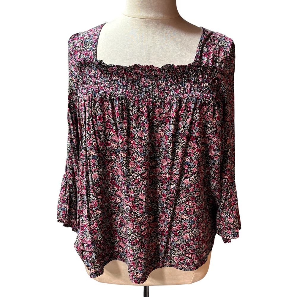 Floral & Ivy Pink Purple Floral Smocked Square Neck Bell Sleeve Blouse XL #914